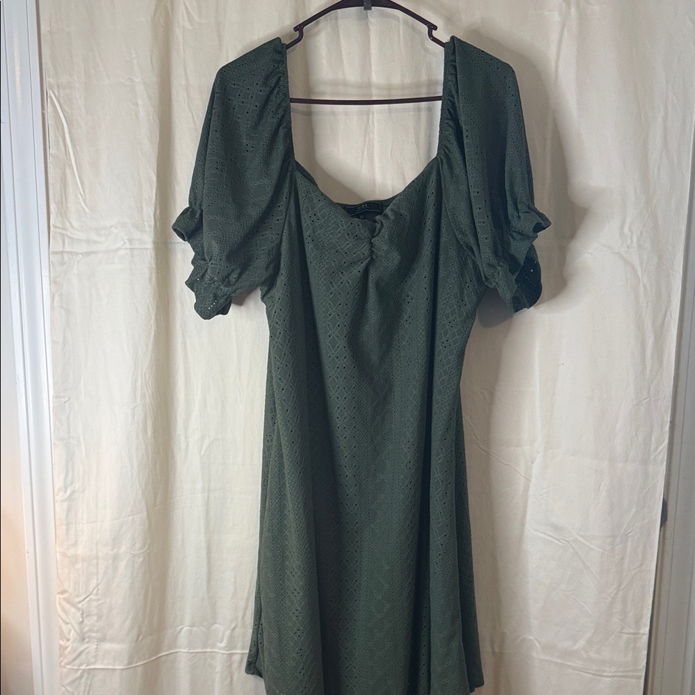 Vibe Olive Green Puff Sleeve Eyelet Midi Dress